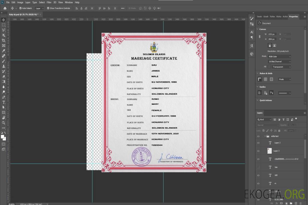 Modèle PSD de certificat de mariage des Îles Salomon template